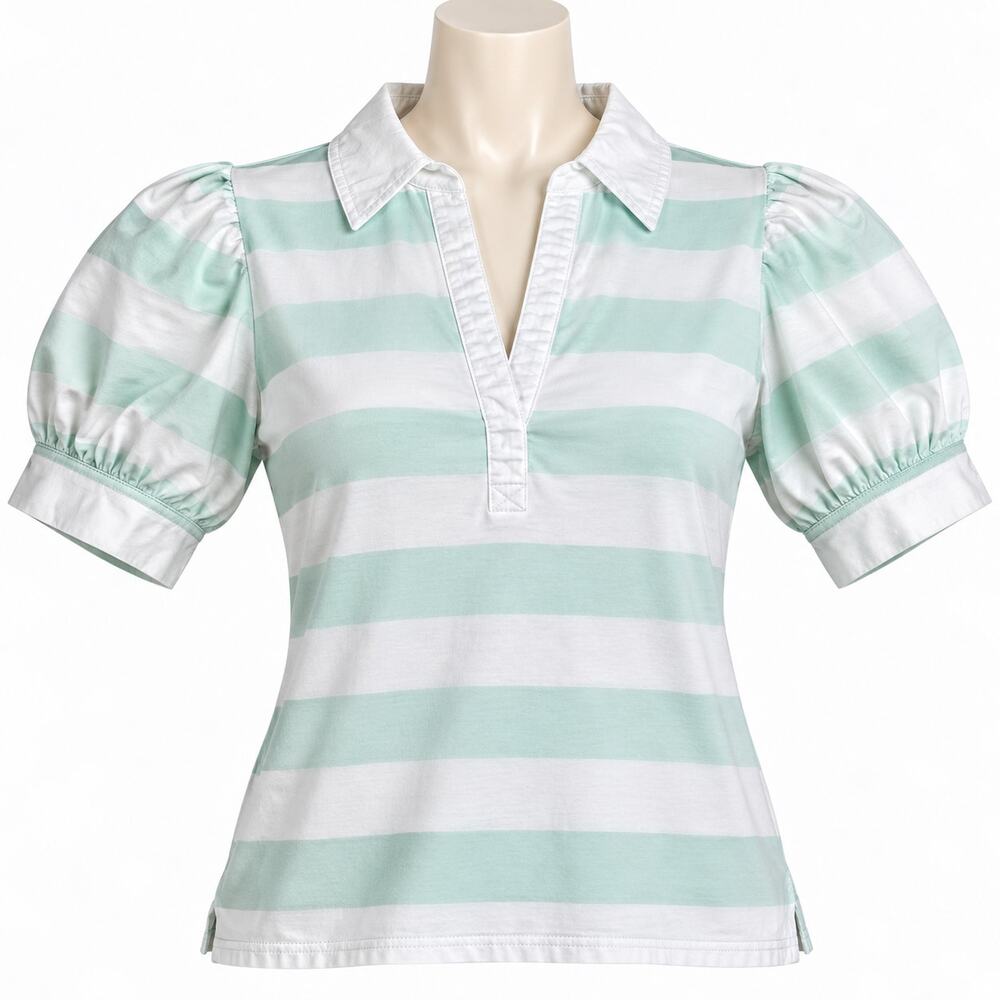 Kensie Jeans Mint White Striped Puff Sleeve Polo Top Women's M